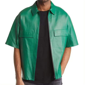 Men's Green Short Sleeve PU Leather Zipper <b>Shirt</b> Turn-Down Collar Workwear Style Solid Color Casual Summer Wear - Product Image 6