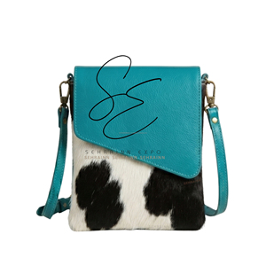 Women Regular Use Leather Purse Turquoise Leather <b>Black</b> & White Hair On Hide Fur Crossbody Sling <b>Bag</b> with Adjustable Strap - Product Image 1