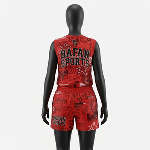 Conjunto de camiseta sin mangas y pantalones cortos para mujer, 180 GSM, poliéster interlock jersey, rojo, estilo urbano, ropa deportiva con logo personalizado - Product Image 6