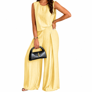 Women's Sleeveless <b>Linen</b> Jumpsuit O-Neck Wide Leg Regular Fit Solid Color Casual Spring Summer Anti-Pilling One Piece Set - Product Image 2