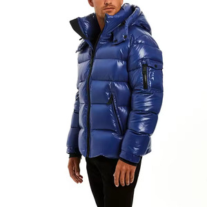 Men's Royal Blue Glossy Puffer Jacket Thick Warm <b>Bubble</b> <b>Coat</b> with Detachable Hood for Cold Winter Streetwear Style Shinny Puffer - Product Image 2
