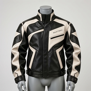 Veste de moto pour homme en simili cuir noir et blanc, col montant, blocs de couleur, fermeture éclair sur le devant, poches, personnalisable OEM - Product Image 4