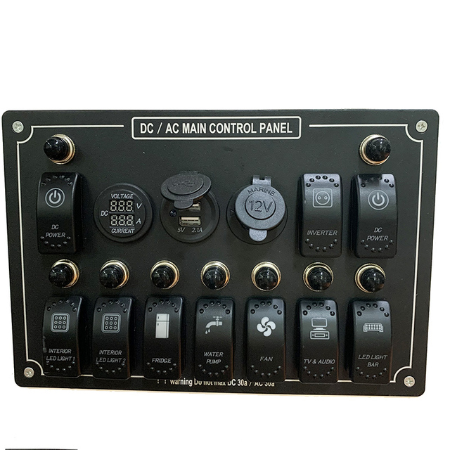 Main Control Panel AC/DC Marine Rocker Switch Panel with Fuse Dual USB Charger Socket LED Voltmeter Power Socket Breaker