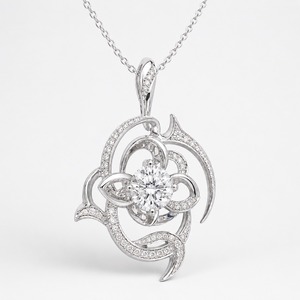 สร้อยคอจี้เพชรทรงกลมประดับลายดอกไม้ทองคำขาว 18K เพชรเพาะเลี้ยงทรงกลมตรงกลาง ประดับเพชรแบบพาเว่ รับรองโดย IGI หรูหรา - Product Image 2