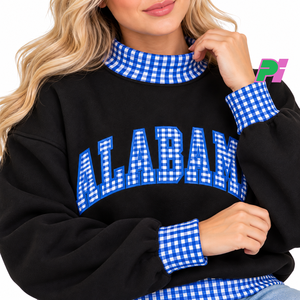 <b>Women's</b> <b>Black</b> Mock Neck Sweatshirt with Blue Gingham Collar and Cuffs Drop Shoulder Cotton <b>Fleece</b> Top Mockneck Sweatshirt - Product Image 6