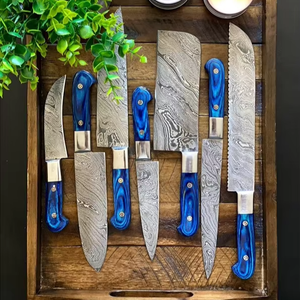 SCL : Ensemble de 7 couteaux de chef vintage en acier Damas, fabriqués à la main, écologiques, avec revêtement antiadhésif et manches en bois de résine. - Product Image 1