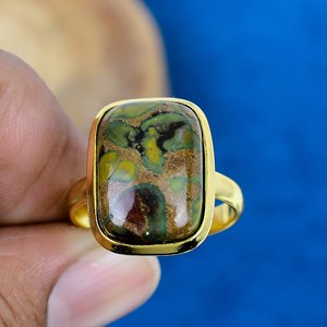 Bague en pierre précieuse de jaspe naturel en forme de coussin, faite à la main, plaquée or 18 carats sur argent sterling 925 - Product Image 2