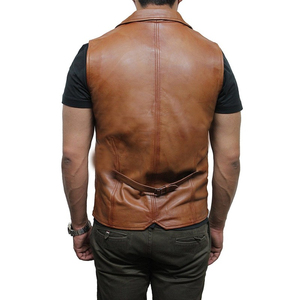 Chaleco de Cuero Genuino para Hombre, Cuello Camisero, Botones al Frente, Sin Mangas, Estilo Motero, Ropa de Otoño - Product Image 3