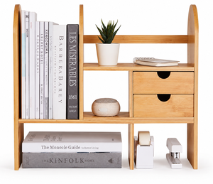 Teak Wood Desktop Organizer Arched Side Panel Tabletop Bookshelf with 2 Drawers - Product Image 2