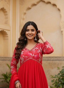 Ensemble Kurta Rouge Premium avec Imprimé Bandhani en Soie Delta Lourde, Manches Longues, Col en V – Vente en Gros - Product Image 4