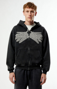 Sweat à capuche zippé oversize pour homme, effet délavé soleil, avec appliqué ailes, style streetwear, en molleton bouclette 100% coton, pour l'hiver - Product Image 5