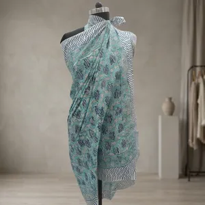 Aqua Blue Floral Hand Block Printed Cotton <b>Sarong</b> Scarf with Striped Border Lightweight Beach Wrap Stole for Women - Product Image 4