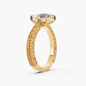 Anillo de compromiso y boda solitario vintage de oro amarillo de 14K con diamante cultivado en laboratorio de corte esmeralda de 2.00 CT, banda grabada con milgrain y 4 puntas - Product Image 2