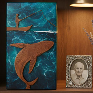 Handmade Wooden Rectangle Urn With Coastal Shark And Fisherman Design For Sympathy Art Display by AYAANS - Product Image 6