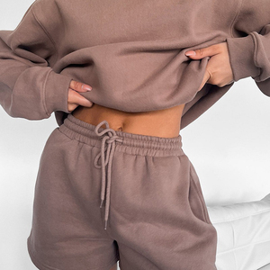 Ensemble sweat-shirt à col ras du cou pour femmes, couleur unie, avec short à cordon de serrage, manches longues, coupe ample, Style décontracté, vêtements d'été - Product Image 5
