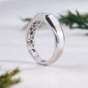 Emerald Cut <b>Mens</b> <b>Ring</b> East West Bezel Setting White Gold Wide Band Signet <b>Ring</b> Horizontal Cut Unisex Fine Jewelry - Product Image 4