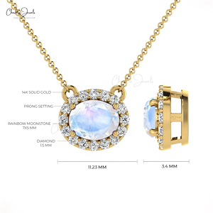 Collar con Halo de Diamantes Pavé de 1.5mm y Piedra Lunar Arcoíris de 7x5mm en Oro Sólido de 14k, Regalo de Boda para Novia, de Proveedores Verificados - Product Image 4