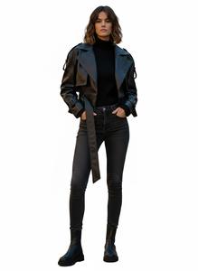 Manteau trench court en similicuir de haute qualité pour femme, veste biker en PU à double boutonnage avec ceinture ajustable, vêtement d'extérieur streetwear - Product Image 5