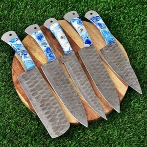 Handmade Damascus Steel 5-Piece Kitchen <b>Knife</b> Set Carbon Steel Blades Pure Leather Sheath Includes Chef's Cleaver <b>Steak</b> <b>Knife</b> - Product Image 1