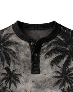 Camisa Henley con estampado de paisaje tropical para hombre, camisa negra y gris de manga larga con botones, estilo playero informal, top ligero de moda - Product Image 5
