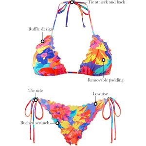 Ensembles de bikinis sexy à volants pour femmes, imprimé floral tropical, maillots de bain halter, string, tenues de plage personnalisées, vente en gros - Product Image 5