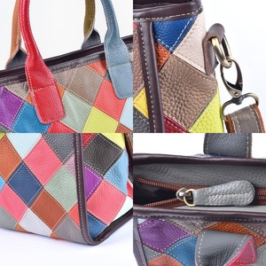 Ando <b>Bag</b> Genuine Cowhide Leather Tote <b>Bag</b> for Women Multicolor Diamond <b>Patchwork</b> Shoulder Crossbody Handbag - Product Image 4