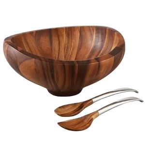 ชามเสิร์ฟพร้อมช้อนสำหรับบ้าน,ชามผลไม้สีน้ำตาลดีไซน์ทันสมัยชามเสิร์ฟสลัดและซุปทำจากไม้ - Product Image 1