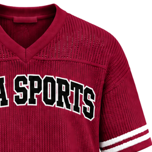 Burgundy Customized Knitted <b>V</b> <b>Neck</b> Jersey Short Sleeve Striped Sports <b>Shirt</b> Breathable <b>Oversized</b> Casual Athletic Teamwear Top - Product Image 4