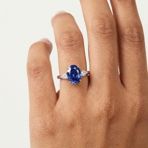 Women's Classic Oval Cut Lab Created Diamond Engagement <b>Ring</b> PT950 Platinum IGI Certified <b>Blue</b> Sapphire Center Stone - Product Image 5