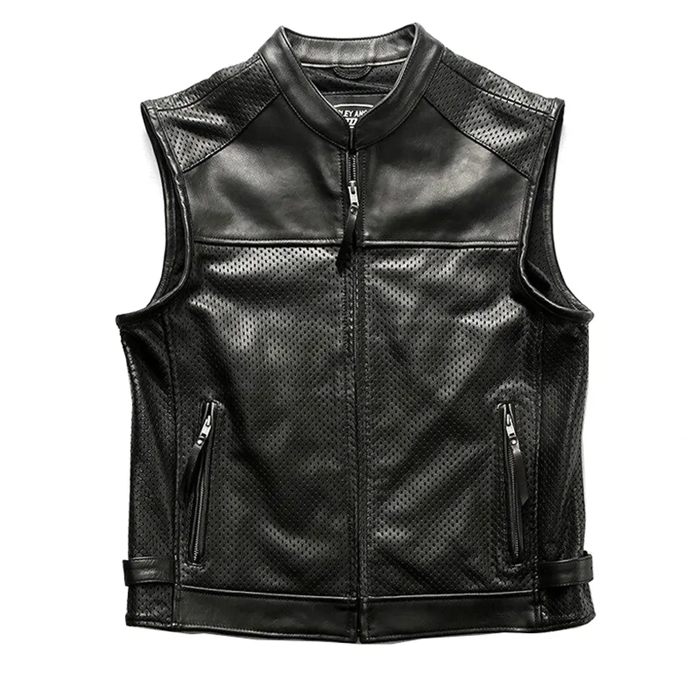 New Arrival Men Genuine Cowhide Perforated Biker Leather Heavy Duty Zippers Vest