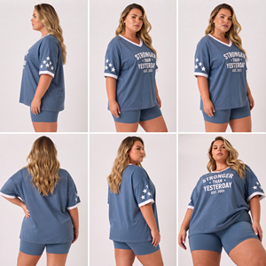 Women's Plus Size Gym Wear T Shirts V Neck Short Sleeve T-Shirt Women's Cotton Polyester Loose Fit Tee Sportswear Printed T-Top - Product Image 5