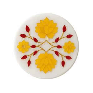 Handcrafted Yellow Floral Pattern <b>Coaster</b> with Red Leaves Round Decorative <b>Drink</b> Holder Elegant Modern Home Decor Accent - Product Image 1
