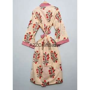 ชุดกิโมโนผ้าฝ้ายเนื้อนุ่มพิมพ์ลายด้วยมือสำหรับผู้หญิง คอวี แขนสามส่วน ยาวเต็มตัว มีเชือกผูก ระบายอากาศได้ดี แห้งเร็ว - Product Image 4