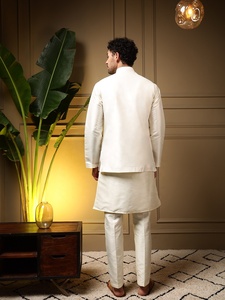 <b>Men</b> White Silk Koti <b>Kurta</b> Pajama Set With Embroidery Regular Fit Traditional Indian Pakistani Knee-Length Wedding Wear - Product Image 5