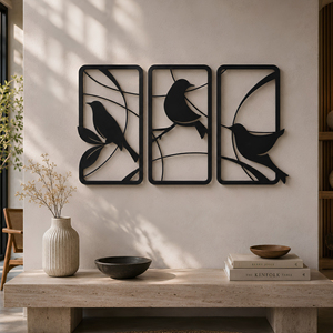 Décoration murale minimaliste en métal en forme d'oiseau, ensemble de 3 panneaux, sculpture suspendue moderne pour salon, chambre à coucher, bureau - Product Image 1