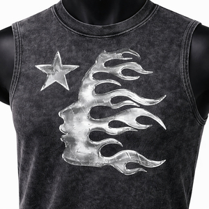 Men Acid Wash Sleeveless Tank Top Metallic <b>Flame</b> Graphic Streetwear Vintage Washed Oversized Muscle <b>Shirt</b> Custom Cotton Vest - Product Image 6