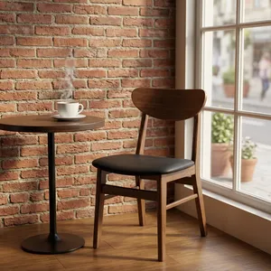 Chaise de restaurant moderne en bois avec dossier incurvé, assise rembourrée noire et pieds robustes pour café, maison, cuisine, décoration - Product Image 3