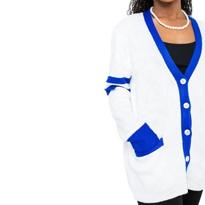 University Sorority Women wholesale <b>White</b> Knitted <b>Cardigan</b> Sweater with Blue Trim V Neck Button Front Long Sleeve Oversized - Product Image 4