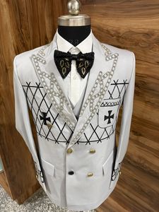 Costume de smoking blanc sur mesure pour homme, double boutonnage, broderie noire, ornements en chaîne, devant plat, Shilpa Creation Viscose Plus - Product Image 1