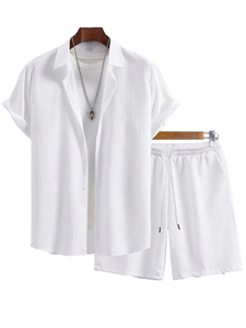 Ensemble décontracté rose pour homme, tenue d'été décontractée, coton tissé respirant, costume deux pièces - Product Image 3