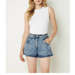 Miarma Co Distressed Wash Embroidery High Waist Summer Casual Regular Fit Classic Blue Vintage Cotton Denim Shorts Button Fly - Product Image 1