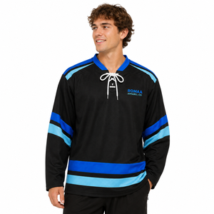 Camiseta de hockey sobre hielo para hombre, personalizada por sublimación, en negro, azul real y azul cielo, con cuello con cordones y número de nombre personalizado - Product Image 5