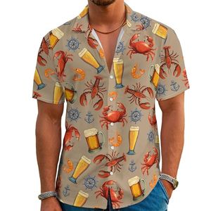 Chemise Hawaïenne Homme Manches Courtes Imprimé Bière et Crabe Chemises de Vacances Été Respirante Col Rabattu Popeline Polyester - Product Image 1