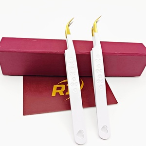 Pince à épiler pour extensions de cils, marque privée, en acier inoxydable, antimagnétique, couleur blanc et or, pointe incurvée en forme de cœur, pince d'isolation - Product Image 1
