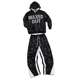 Fashion Crystal Embellished Full Zip Rhinestone Hoodies Joggers Sets Relaxed Fit Casual Winter Streetwear Wholesale Supplier - Product Image 2
