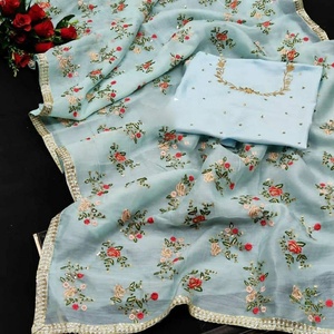 Saree de fête pour femmes indiennes avec broderie de séquence imprimée en dentelle Georgette Banglory pièces de chemisier en soie - Product Image 6