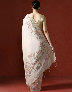 Sari traditionnel KV en coton Chanderi avec motifs floraux et chemisier réversible à séchage rapide non cousu - Product Image 4