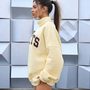 Oversized Turtleneck Crop <b>Sweatshirt</b> Yellow Sports Letter Print Batwing Sleeve Fleece Pullover Unisex Autumn Wear - Product Image 5