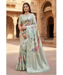 Indian Latest Design Digital Floral Print Saree in Banarasi Silk for Wedding Occasion and Festive Party for Women Fancy Wear - Product Image 1