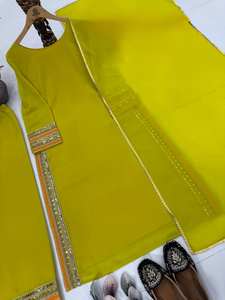 Conjunto de kurti largo y palazzo de georgette sintética pesada con bordado de lentejuelas y dupatta con borde de encaje elegante. - Product Image 6